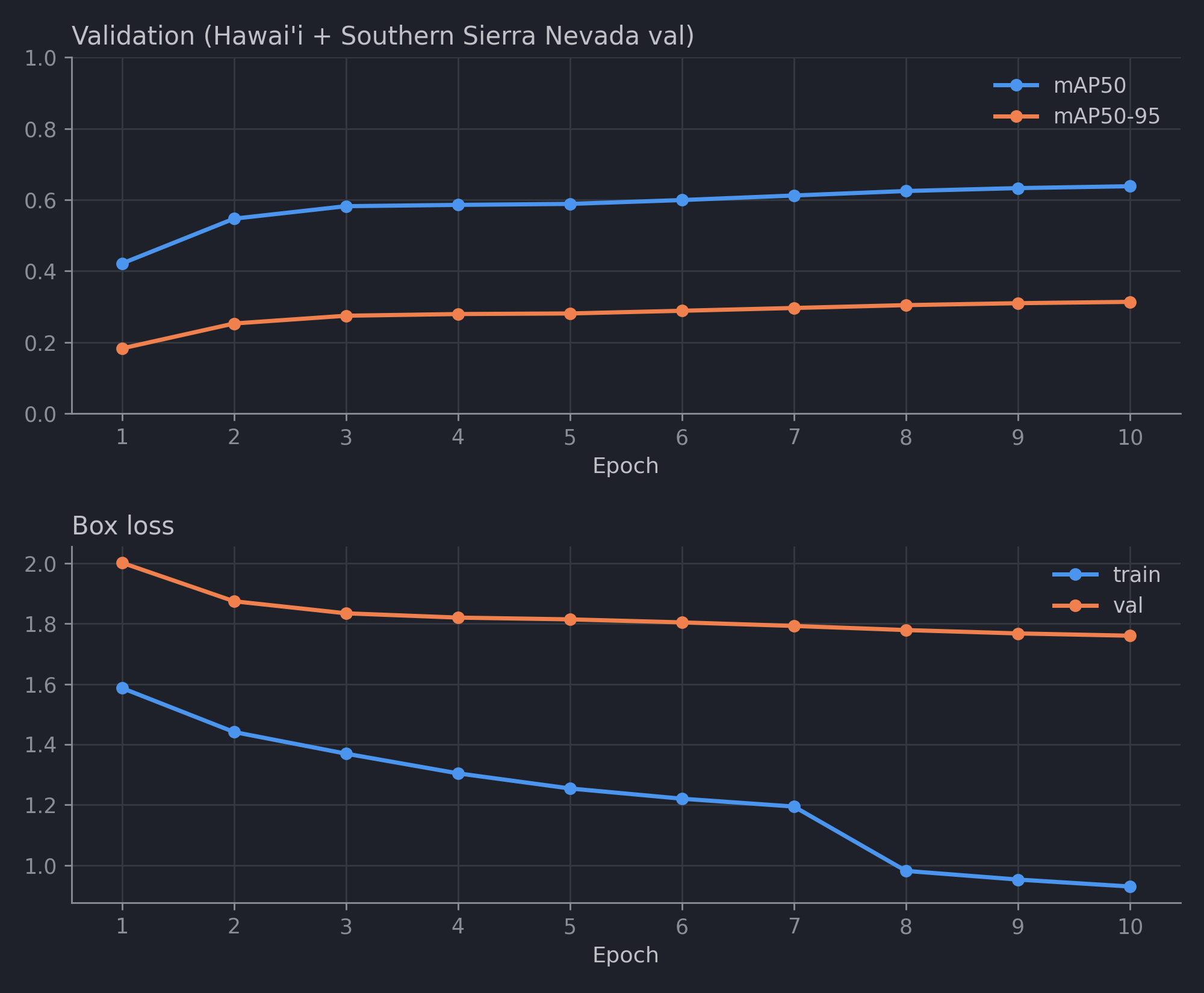 Validation mAP and box loss per epoch